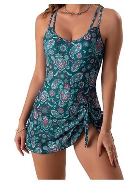 Eomenie Women’s Teal Paisley One-Piece Swimdress with Side Ruche size L